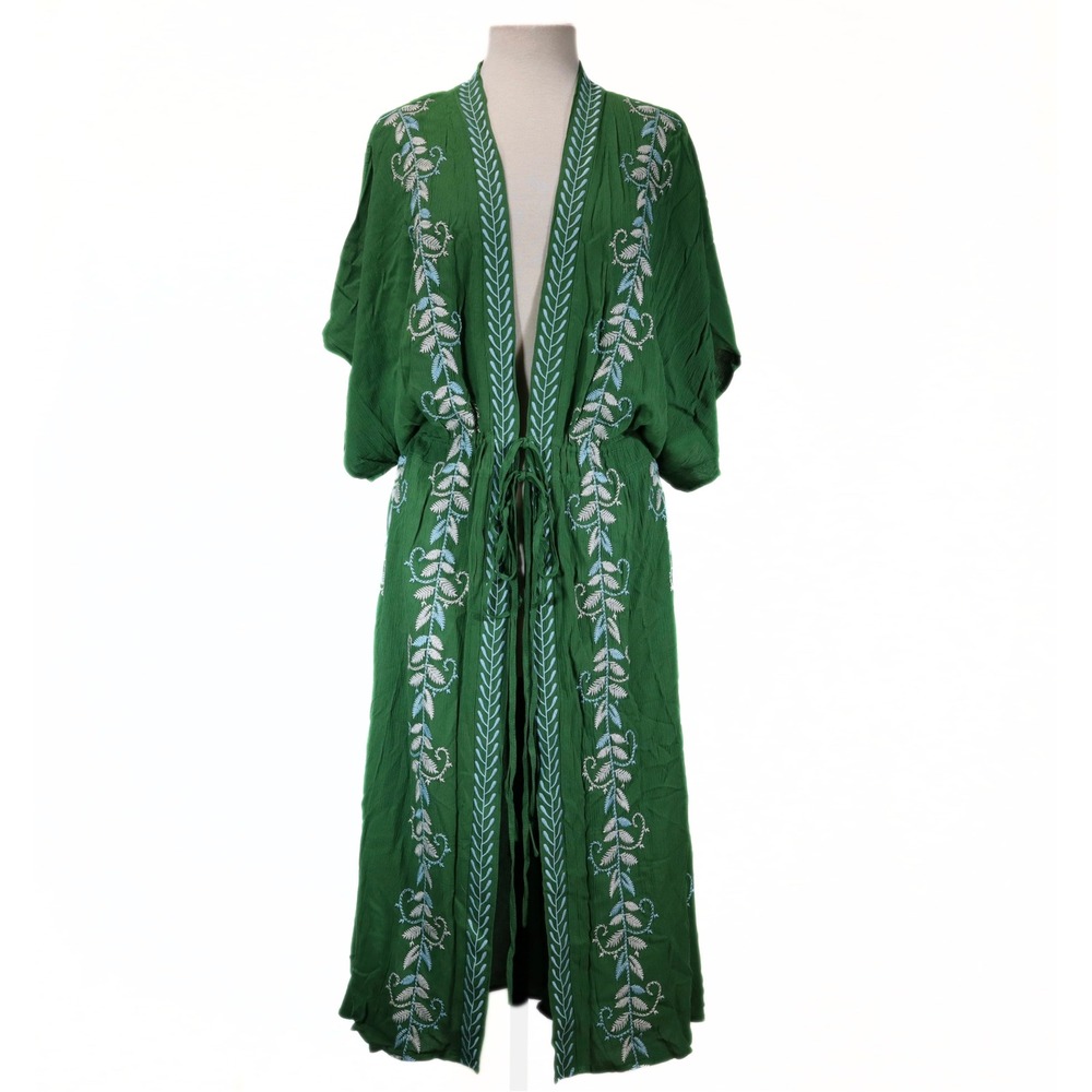 Embroidered Duster Cardigan Womens P3X Green Boho Kimono Coverup NWT Curations